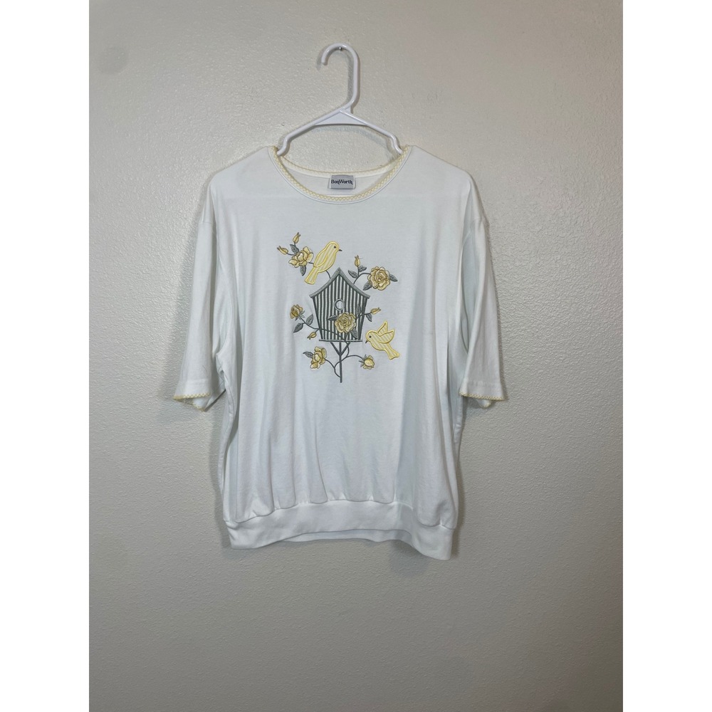 BonWorth Womens‎ XL Birdhouse Embroidered Top White Short Sleeve Vintage Good